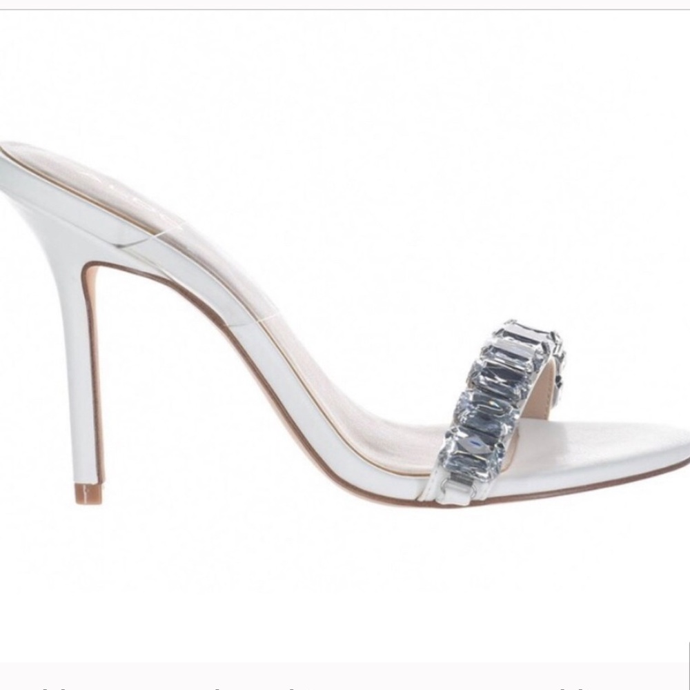 Aldo Lauren clear rhinestone strap white stiletto‎ slides mule heels size 10 new